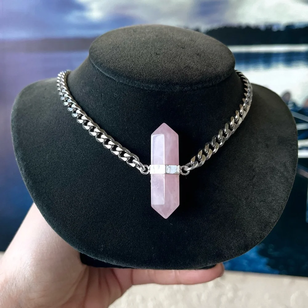Rose quartz crystal gemstone on stainless steel cuban adjustable choker necklace
